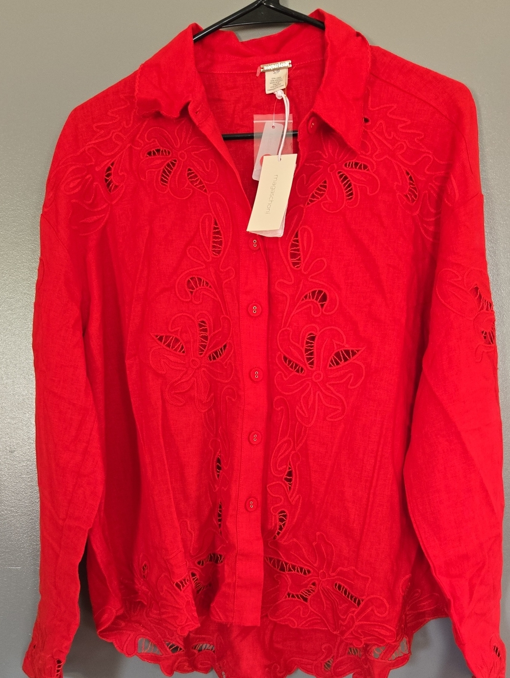 Magaschoni Red Button-Front Eyelet Linen Shirt